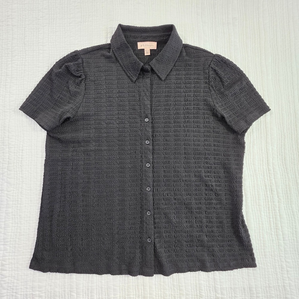 Philosophy Woman Black Textured Puckered Short Sleeve Button Down Blouse EUC 2X